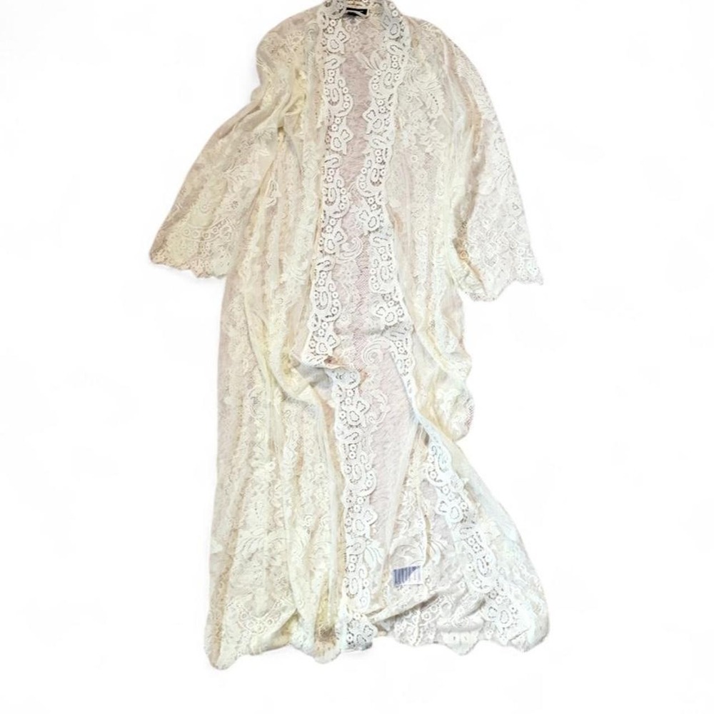 Cream Whimsical Angel Core Boho Bridal Floor Length Lace Duster Womens M Femme